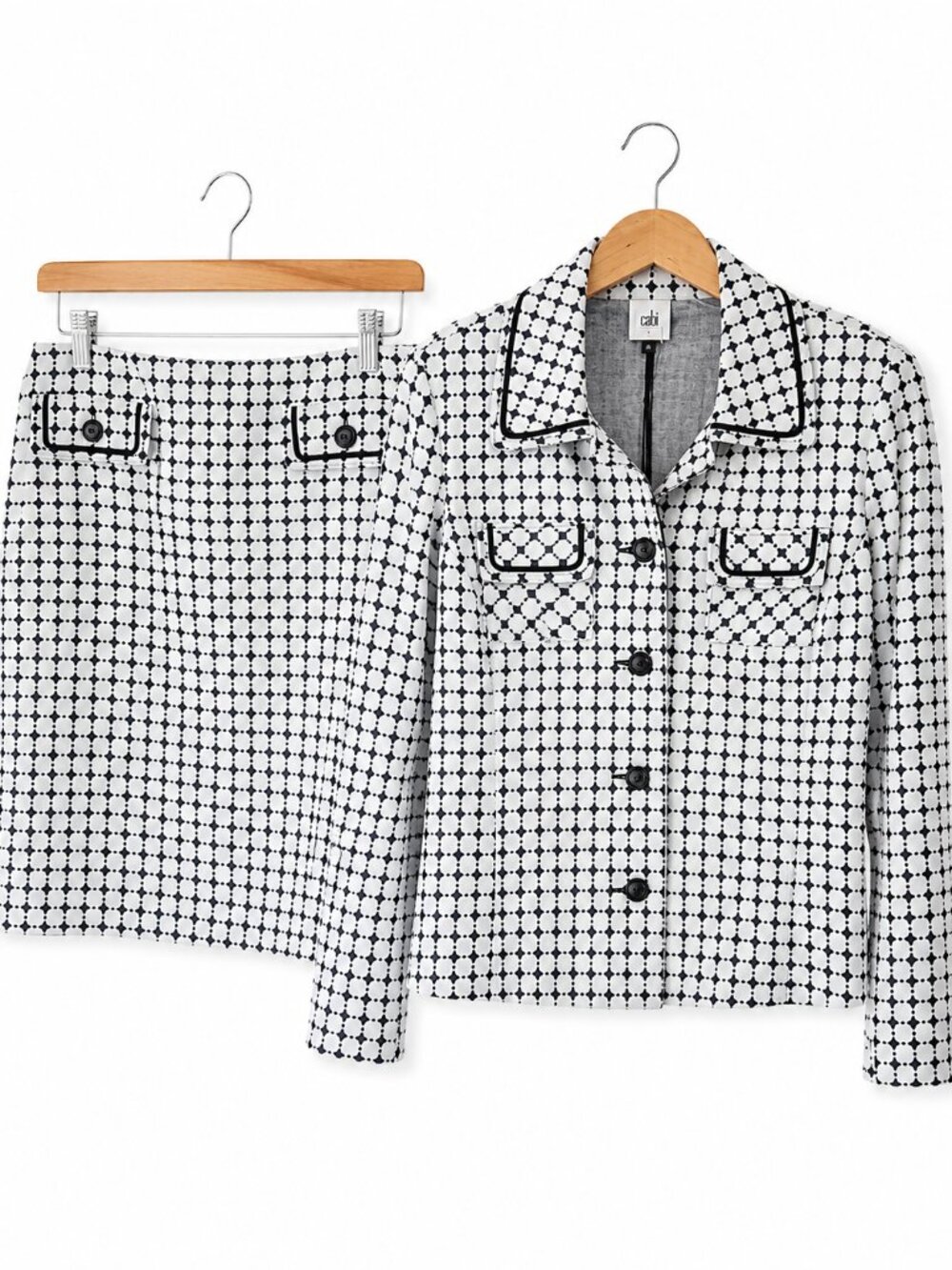 Cabi Spring 2024 Navy White Skirt Suit Set Jacket S Skirt 4 NWT